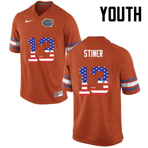 Youth Florida Gators #13 Donovan Stiner College Football USA Flag Fashion Jerseys-Orange - Click Image to Close